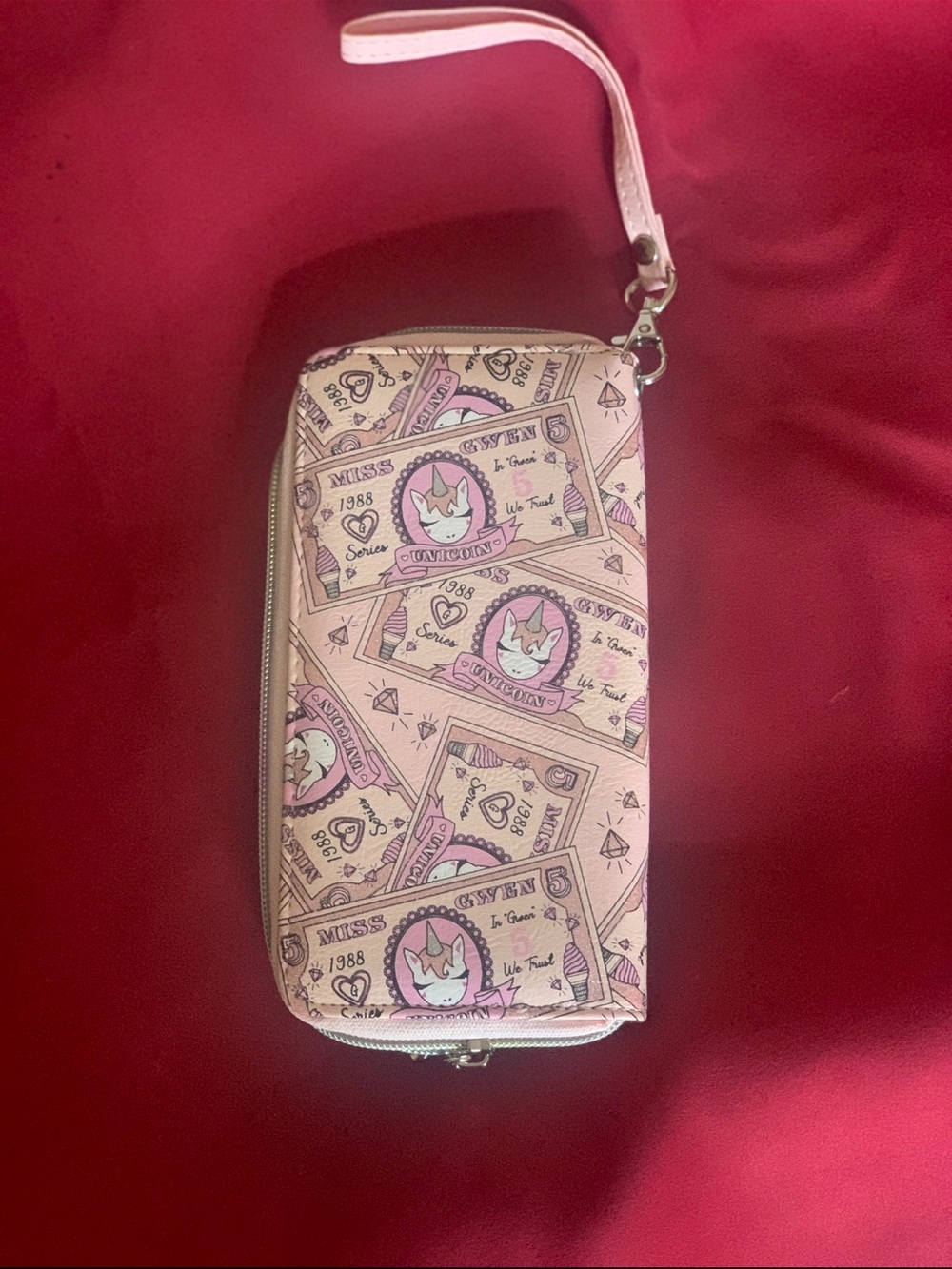 OMG! Accessories Money Print With Unicorn Pink Printed Wristlet Wallet -